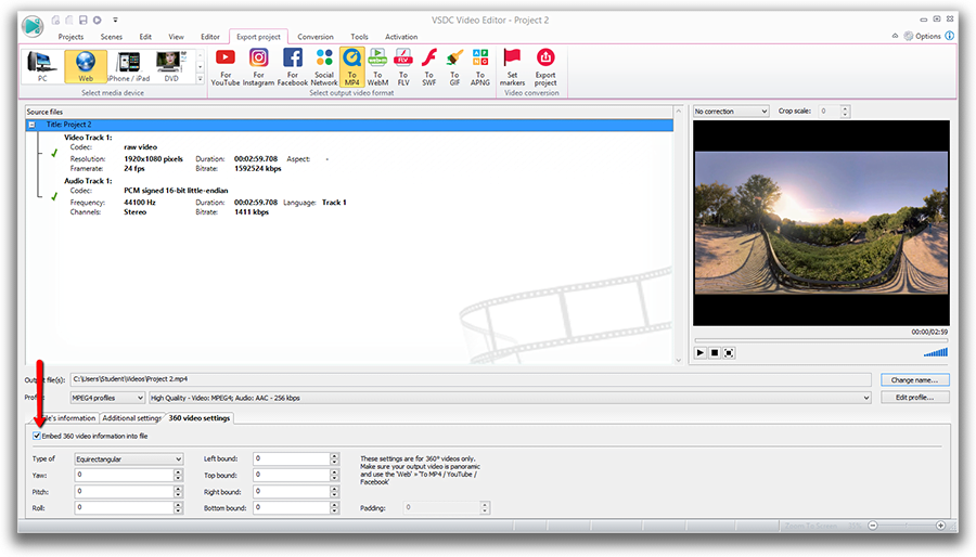 360 video export settings in VSDC