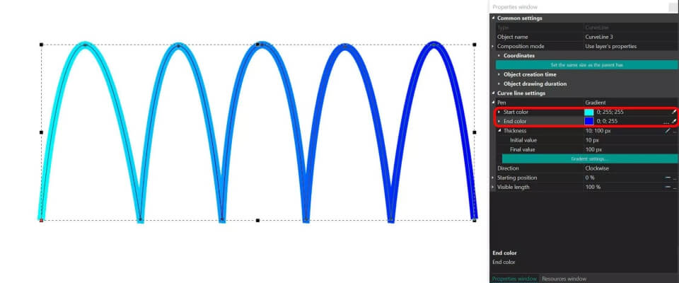 Riempimento di gradiente per le linee curve type 1
