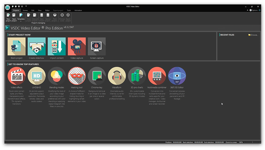 VSDC - free MP4 video editor start screen overview