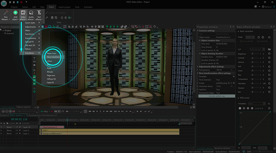 How to add a flow transformation effect in VSDC