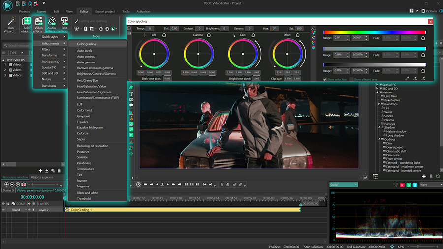 Novo efeito Gradação de cores adicionado ao menu de efeitos de vídeo no VSDC