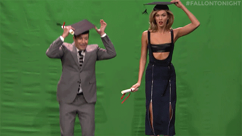 Jimmy Fallon and Karlie Kloss here pretending to have a graduation party