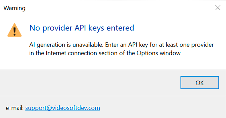 Aviso de ausência de chave de API do provedor de IA no VSDC