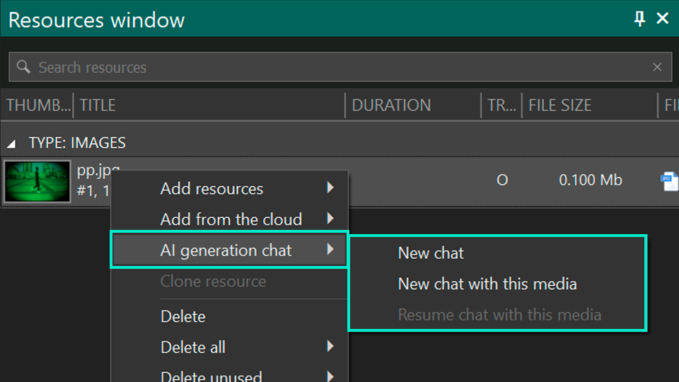 Menu de contexto dos Recursos para iniciar ou continuar chat de IA com esta mídia