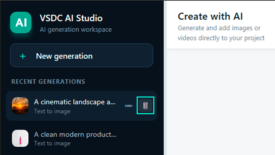 Comando de exclusão de chat no VSDC AI Studio