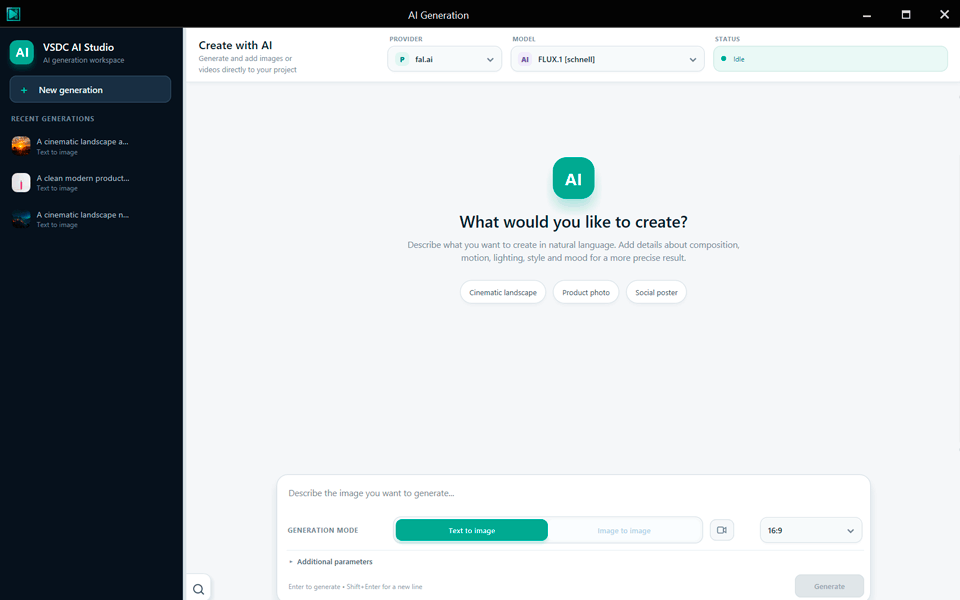 Janela VSDC AI Studio com modelos, prompt e lista de chats