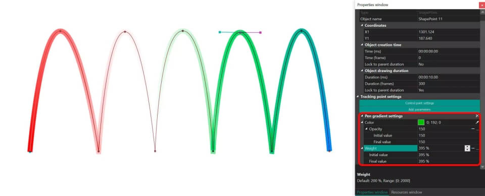 Mehrfarbiger Verlauf für Kurvenlinien in VSDC