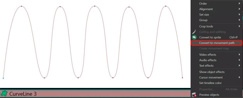 Conversión de una línea curva en una trayectoria de movimiento en VSDC