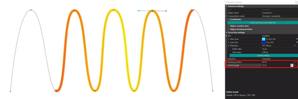 Impostazioni di Posizione iniziale e Lunghezza visibile per le linee curve in VSDC