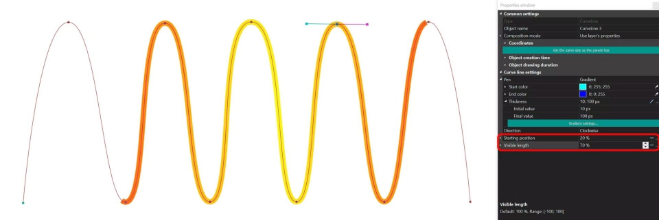 Starting position and Visible length settings for curve lines in VSDC