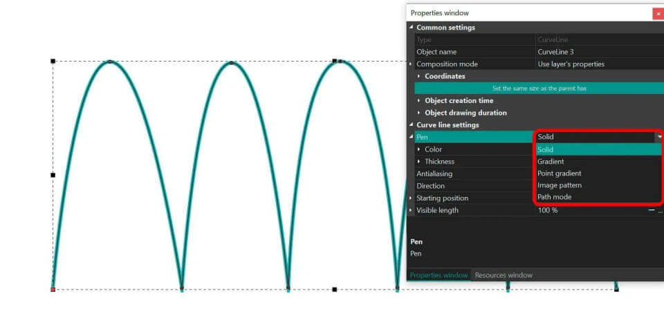 Curve line fill types in VSDC