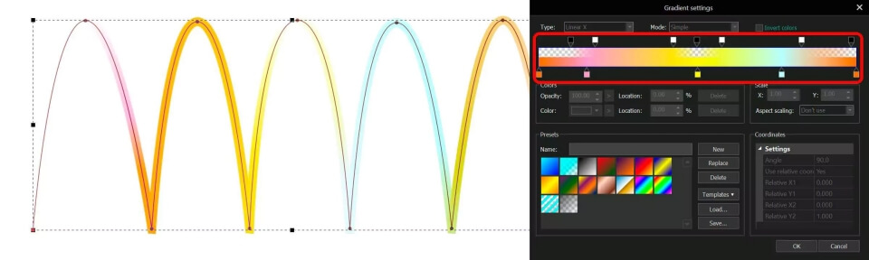 Tipo de preenchimento gradiente para linhas curvas type 2