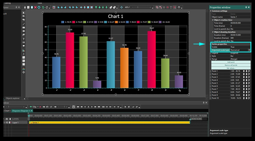 Series properties layer in VSDC animated chart menu