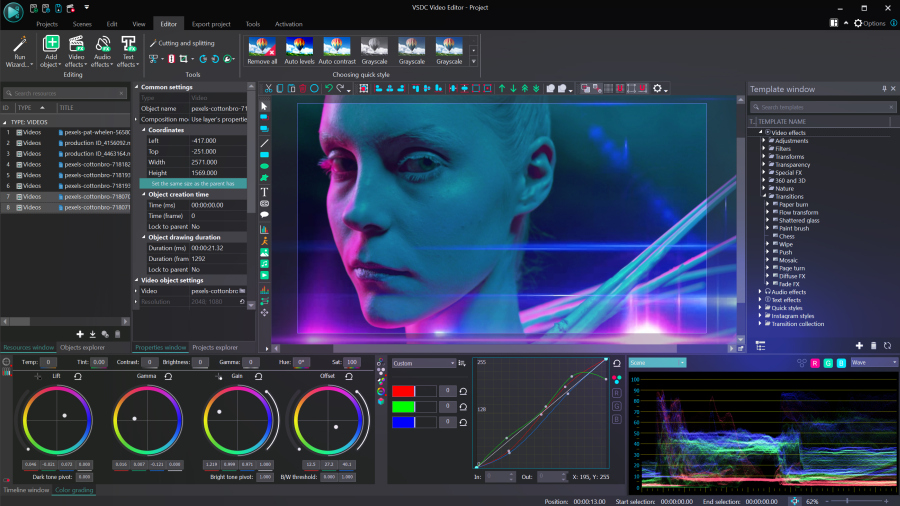 VSDC is as a highly effective and versatile video editing suite for both color grading and color correction with a wide set of advanced video editing tools.