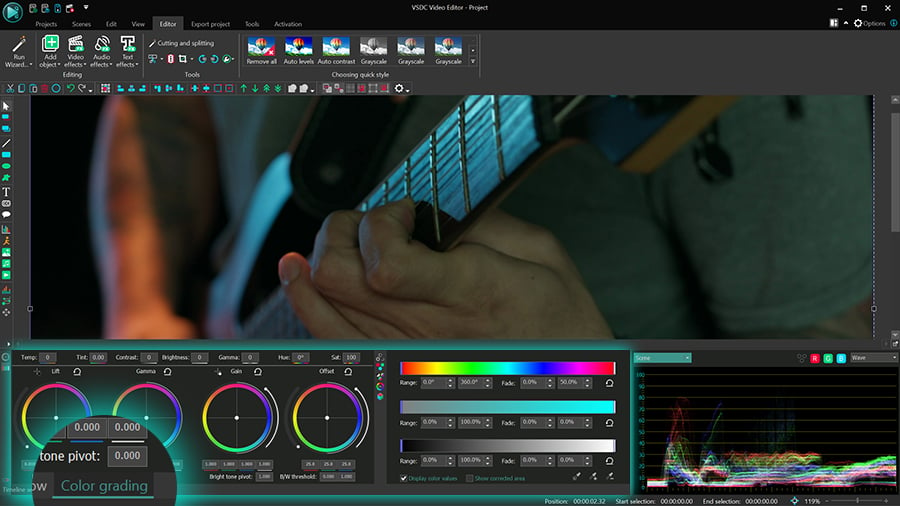 As rodas de cores Lift, Gamma, Gain no VSDC