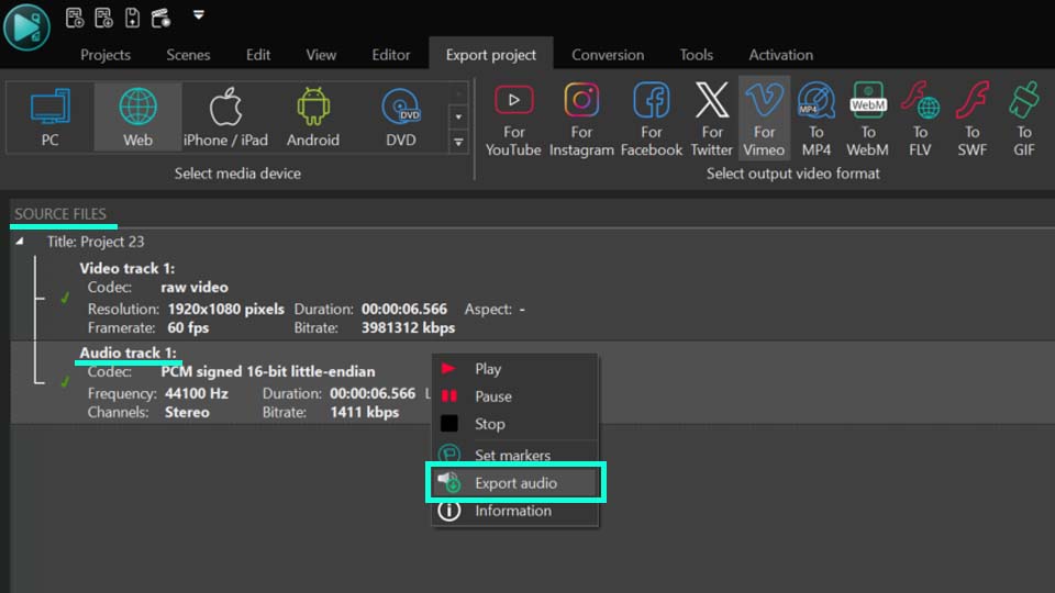Exporting audio at the project export stage