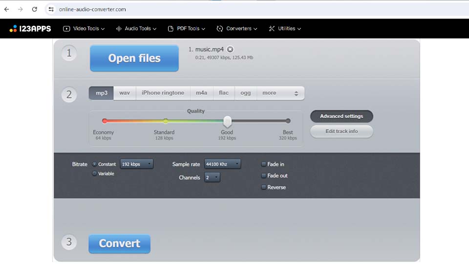 Exporting audio in the online tool Audio Extractor