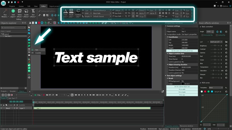 How to add a text to the scene in VSDC Video Editor