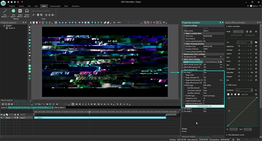 Glitch processing stage settings in VSDC