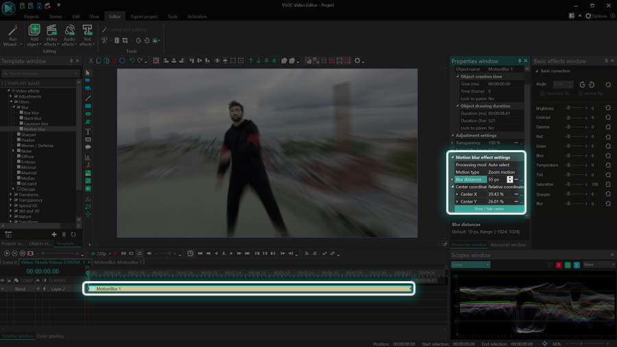 Motion blur effect settings in VSDC