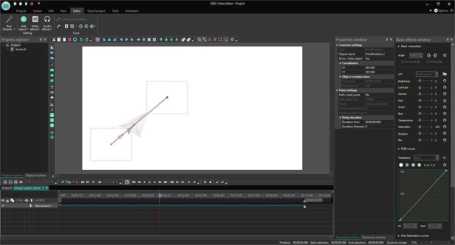 A 2-point object movement trajectory in a video available in the free version of VSDC