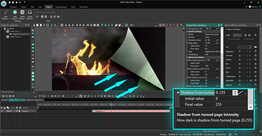 Shadow from turned page intensity settings in VSDC