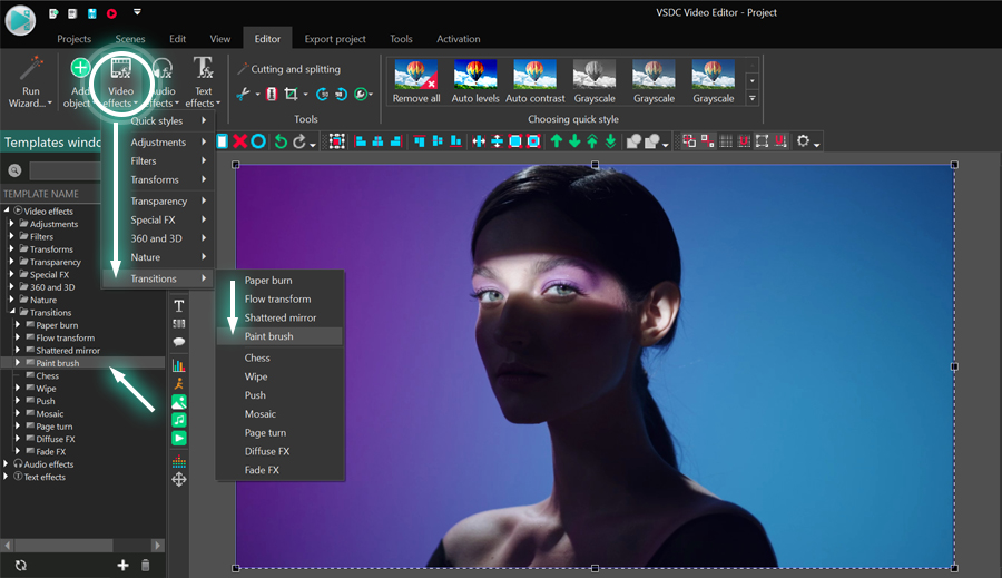 How to apply the Paint Brush transition effect in VSDC