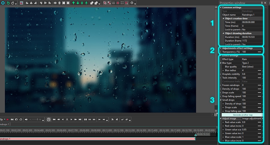 Raindrop effect settings available in VSDC Free Video Editor
