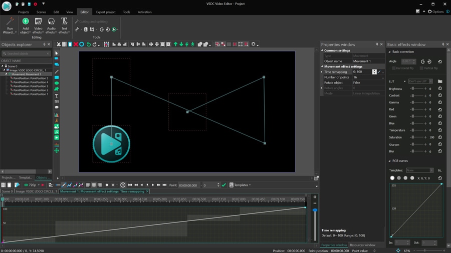 Time remapping graph for a multi-vector movement path