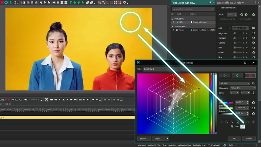 How to select colors on the histogram in the VSDC’s LUT editor