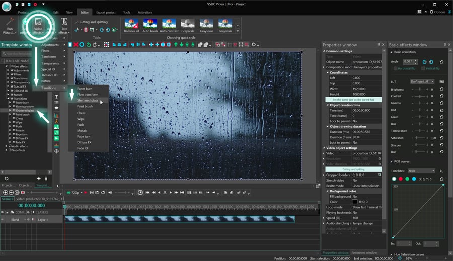 How to apply the Shattered glass transition effect in VSDC Pro
