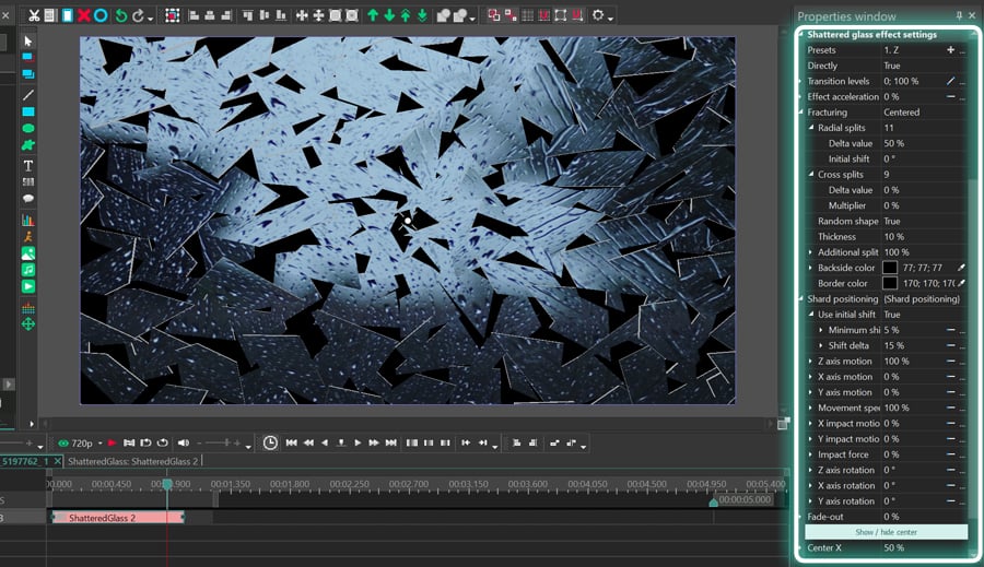 Parameters allowing you to customize the Shattered glass effect in VSDC