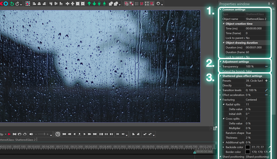 Shattered glass effect settings available in VSDC Pro