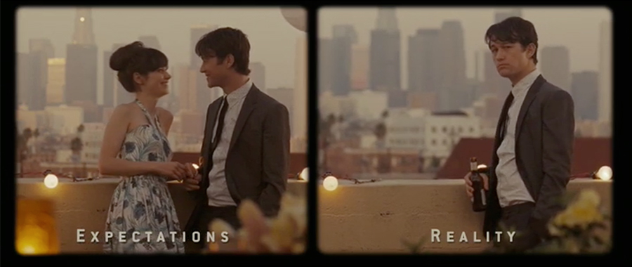Split screen effect used in 500 Days of Summer to compare expectations vs reality