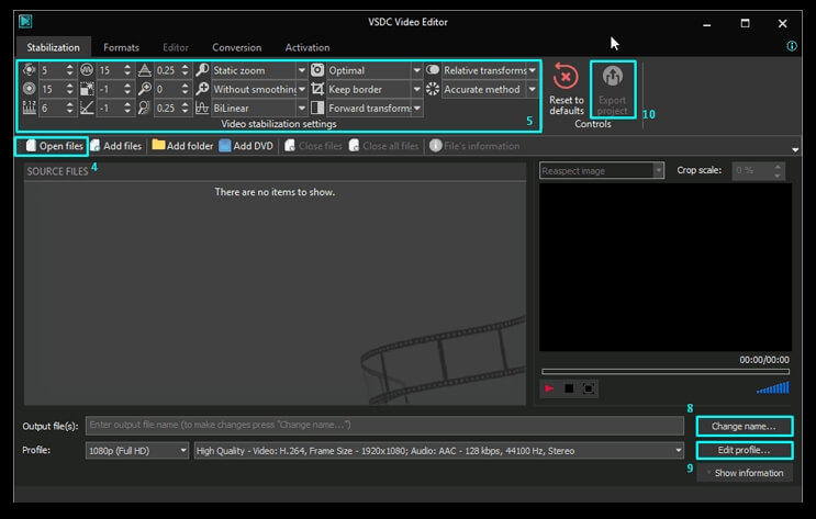 Настройки инструмента стабилизации видео в VSDC