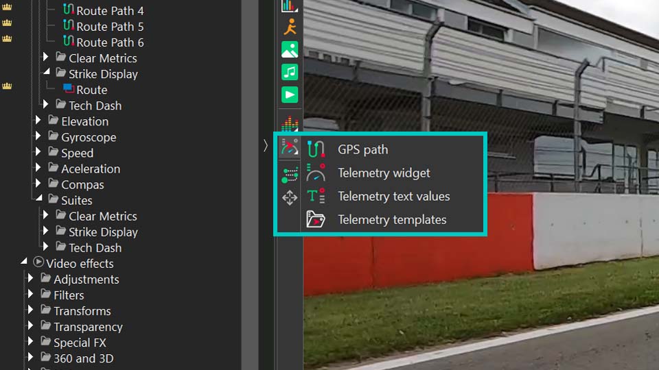 VSDC interface showing the Add Telemetry menu with GPS visualization options
