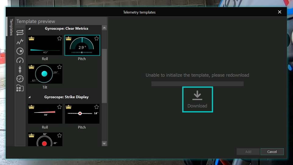 VSDC telemetry template gallery showing various gauge and graph styles for adventure videos