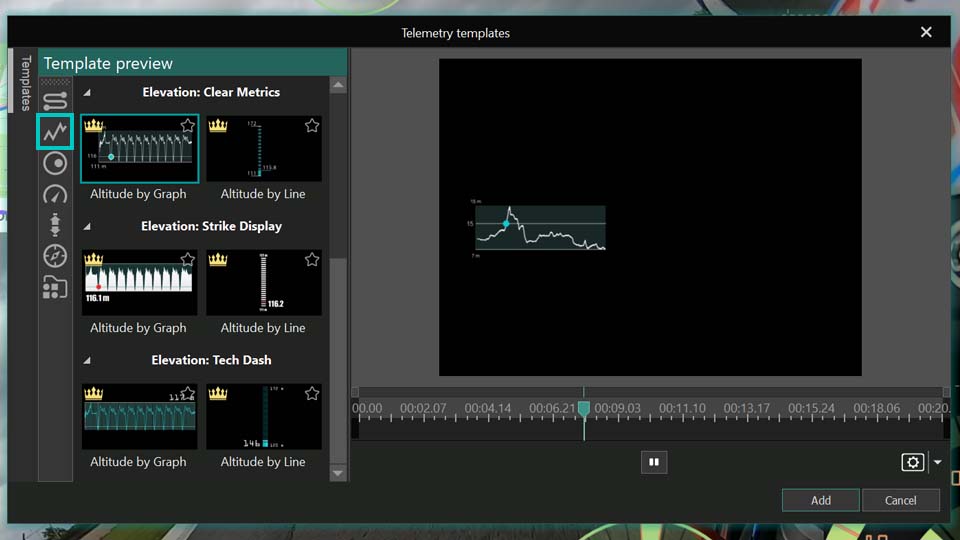 Altitude graph widget displaying elevation data from a hiking or biking trip in VSDC