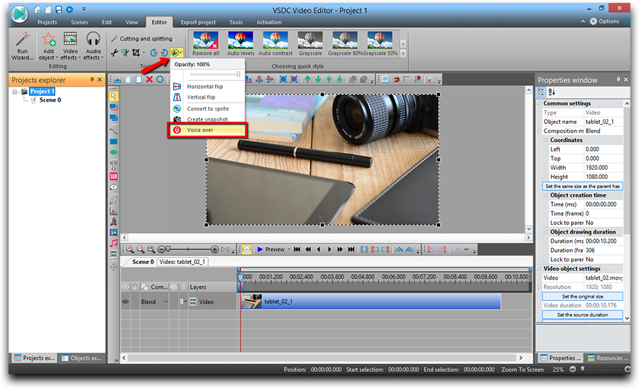 'Voice Over' can be found in the 'More Tool' menu on the panel above the scene 