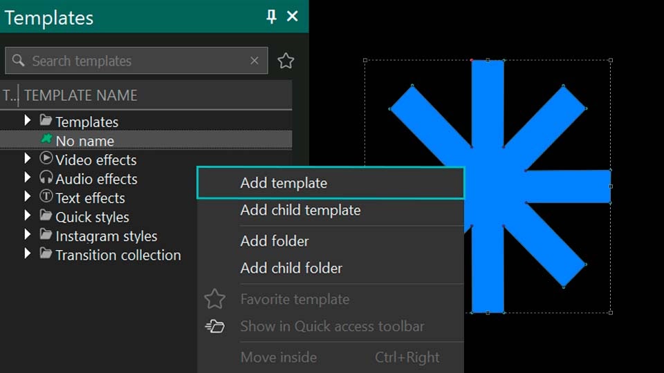 Add Template and Add Child Template commands in VSDC Video Editor
