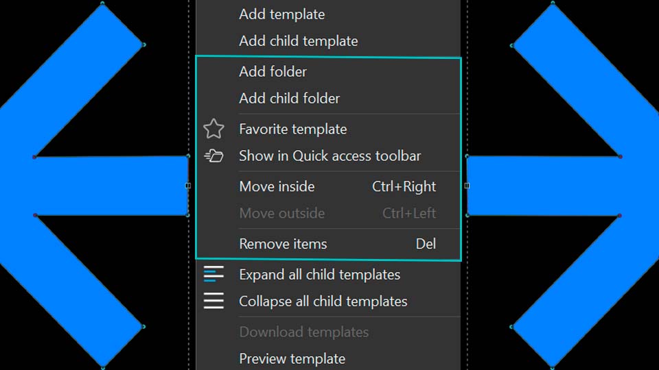 VSDC template library options for favorites Quick Access moving and organizing items