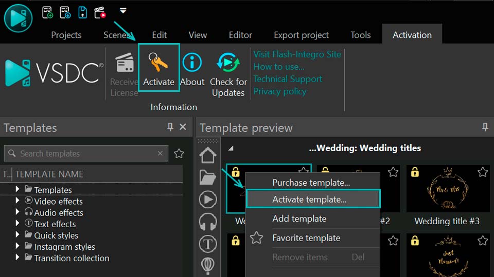 Premium template purchase activation and download commands in VSDC