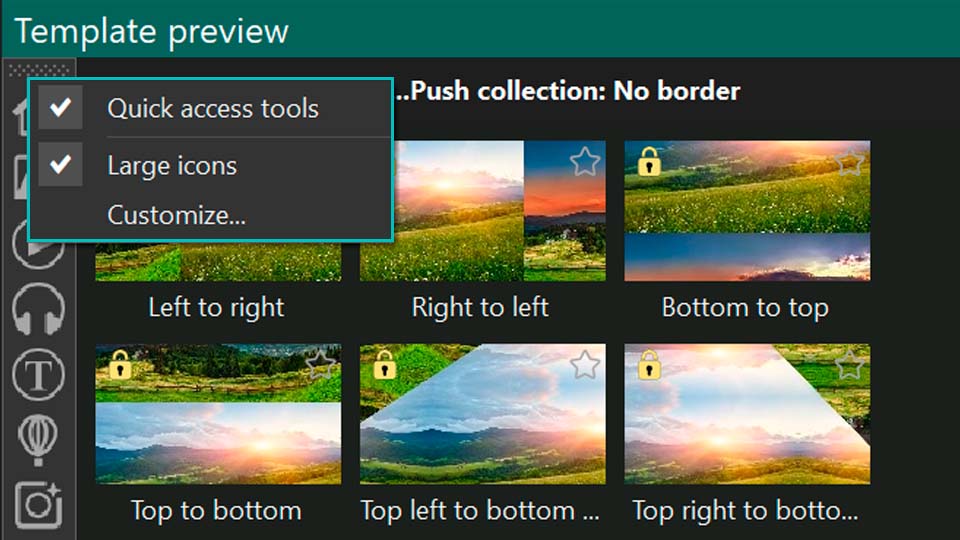Quick Access toolbar settings in the VSDC Templates window