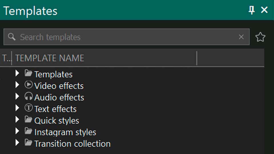VSDC Template window showing transitions, video effects, text effects, styles and other template categories