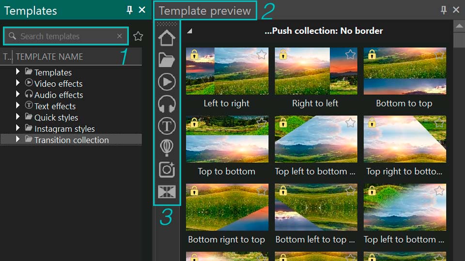 VSDC Templates window with the template preview panel and Quick Access categories