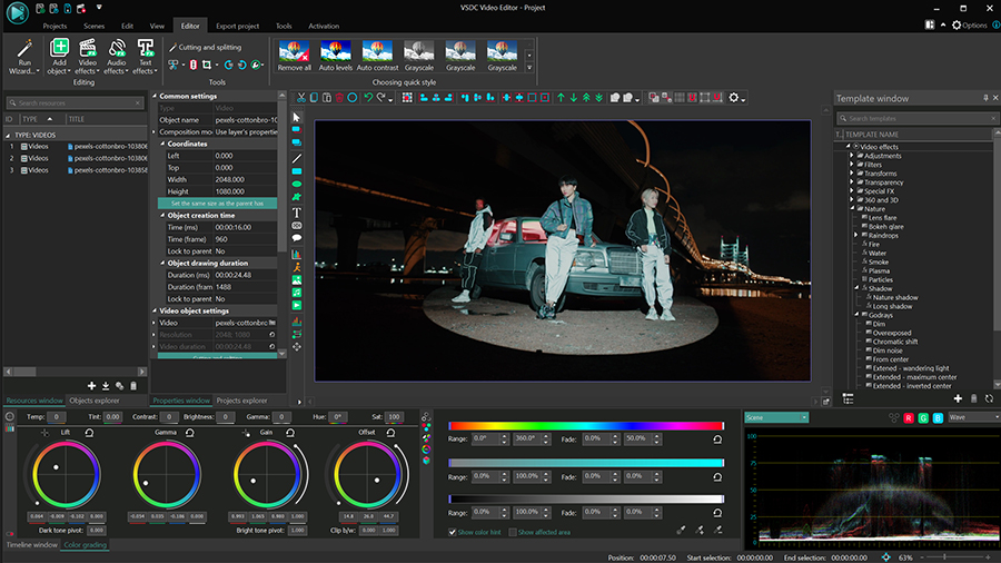 VSDC editor video ha ricevuto le ruote Lift, Gamma e Gain per la correzione di colore