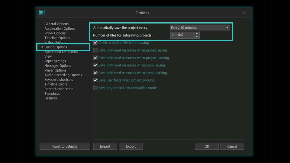 Auto-Save settings in VSDC